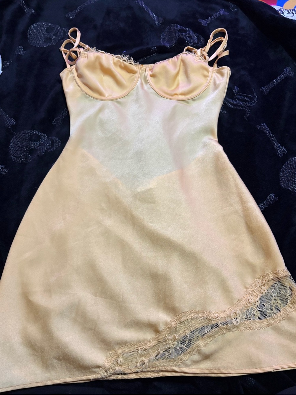 Meshki yellow Satin Slip Dress with Lace Accent